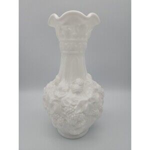 Imperial Glass English Loganberry Vase White Milk Glass Ruffle Rim VTG 10" EUC
